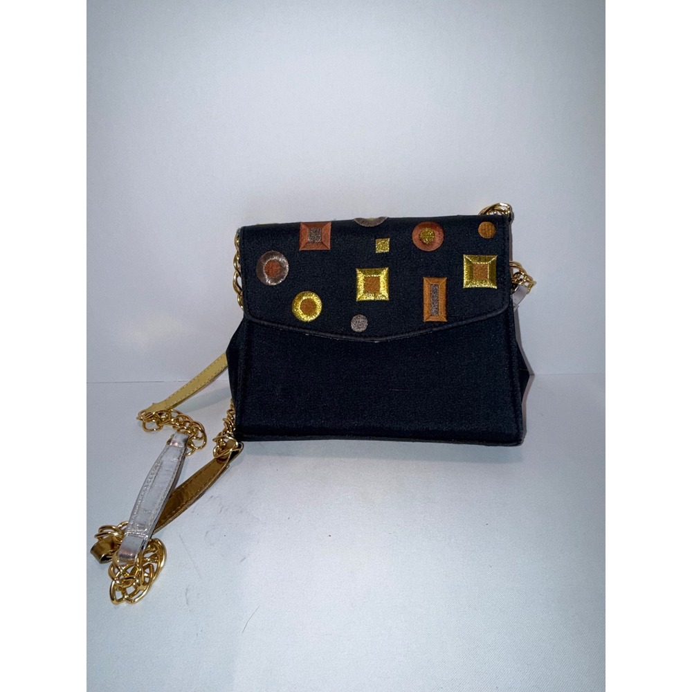J. Renee Vtg black Evening Bag Metallic Geometric Embellished Gold Chain Strap